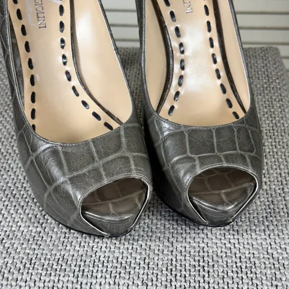 Enzo Angiolini Women's Tanen Grey Leather Peep Croc Stiletto Heel Pumps Size 8 M - Picture 9 of 11